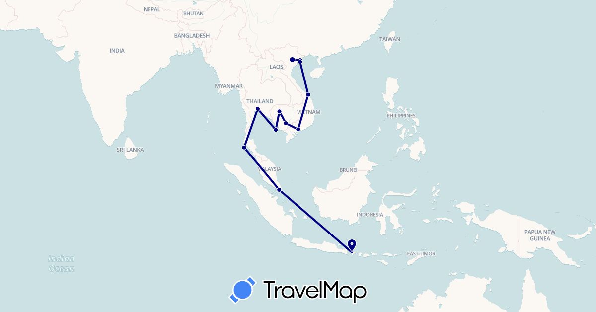 TravelMap itinerary: driving in Indonesia, Cambodia, Singapore, Thailand, Vietnam (Asia)